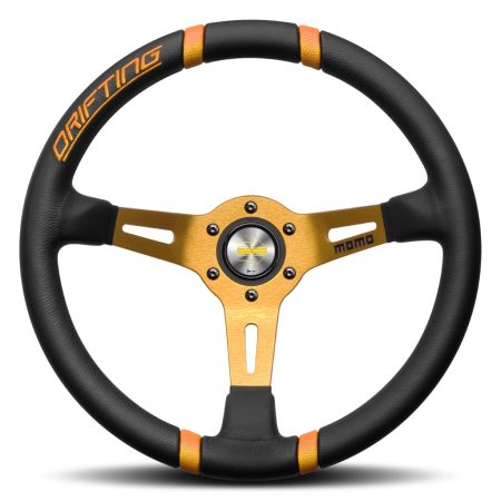 MOMO Drifting Steering Wheel - Black Leather Orange Spokes 350mm