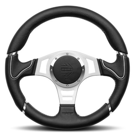 MOMO Millenium Sport Steering Wheel - Black Leather Silver Spokes 350mm