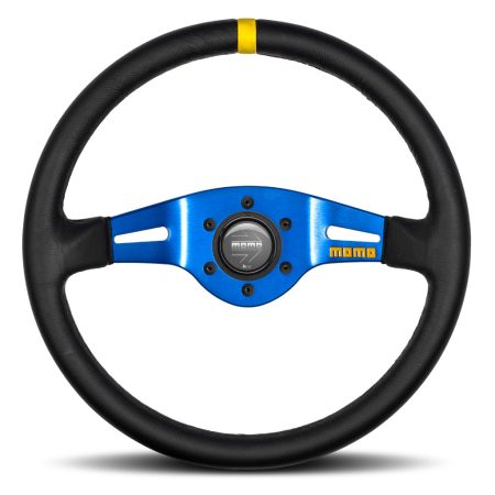 MOMO Mod. 03 Two Spoke Steering Wheel - Black Leather Blue Spokes 350mm