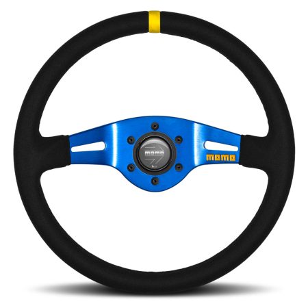 MOMO Mod. 03 Two Spoke Steering Wheel - Black Suede Blue Spokes 350mm