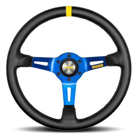 MOMO Mod. 08 Steering Wheel - Black Leather Blue Spokes 350mm